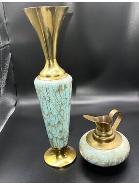 MCM Hand-Painted Delft Brass Ceramic Creamer Pitcher Vase Pair Holland Japan